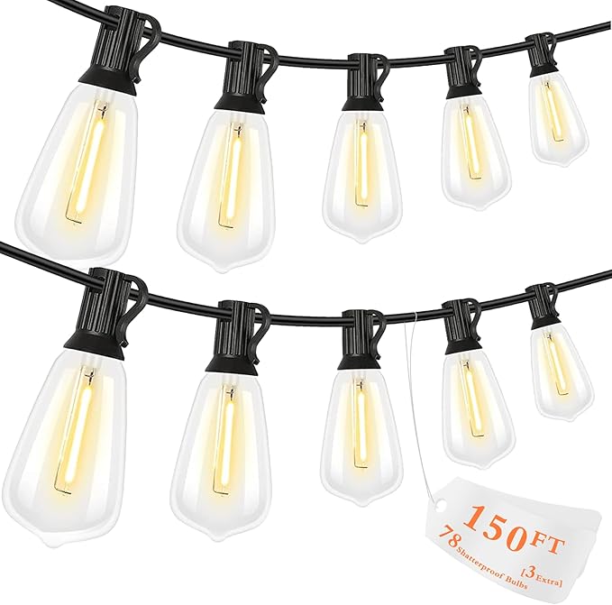 150FT LED Outdoor String Lights, Waterproof Patio Lights with 75+3 Edison Shatterproof Bulbs, Outside Hanging Light, Christmas Decorative for Patio, Cafe, Garden, Bar