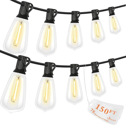 150FT LED Outdoor String Lights, Waterproof Patio Lights with 75+3 Edison Shatterproof Bulbs, Outside Hanging Light, Christmas Decorative for Patio, Cafe, Garden, Bar