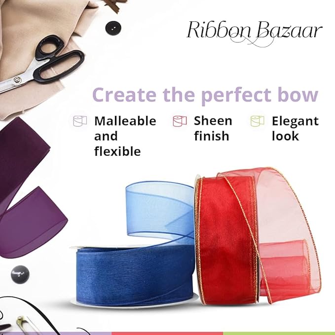 Ribbon Bazaar Sheer Organza Wired Ribbon - Wire Edged Ribbon for Floral Decor, Table Arrangements, Apparel Embellishment & More - 1-1/2" Red 25yd Spool