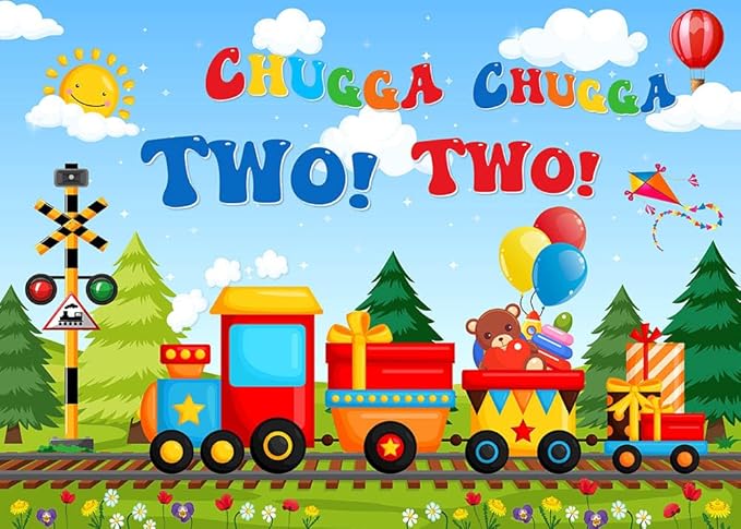 Mocscika Chugga Chugga Two Two Backdrop Red Train Theme 2nd Birthday Party Decorations Happy Second Birthday Cake Table Banner for Photography (Colorful, 8x6ft(96''x72''))