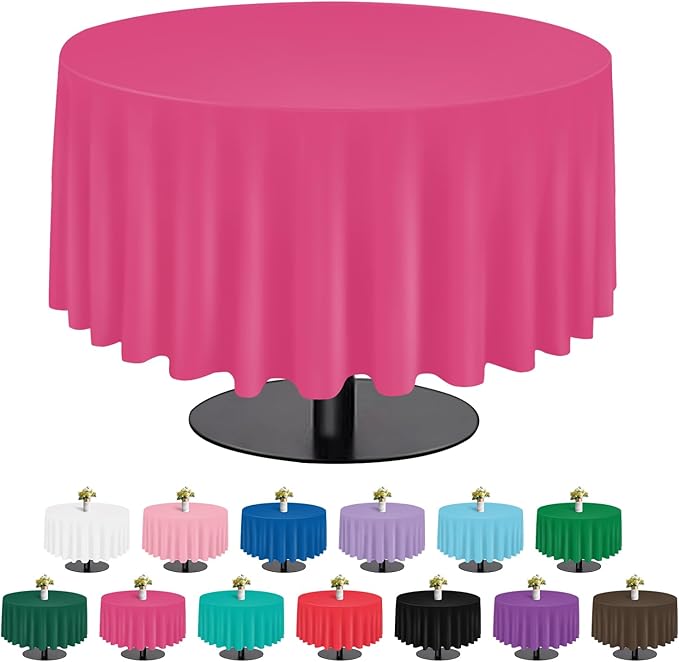 tujol Hot Pink 6 Pack Plastic Table Cloth 84", Disposable Round Tablecloth Table Cover, Plastic Tablecloths for Parties