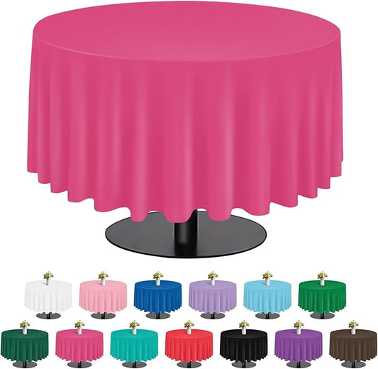 tujol Hot Pink 6 Pack Plastic Table Cloth 84", Disposable Round Tablecloth Table Cover, Plastic Tablecloths for Parties