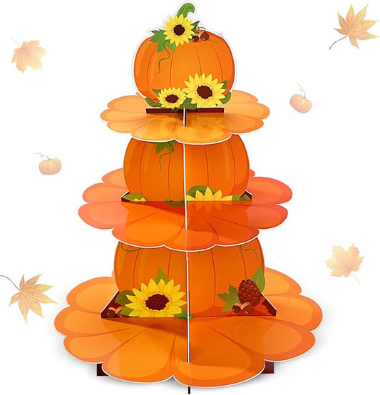 Zopeal Fall Pumpkin Cupcake Stand 3 Tier Dessert Cupcake Stand Tiered Cardboard Orange Cake Stand Autumn Floral Dessert Holder Tower for Thanksgiving Birthday Tea Party Table Display Decorations