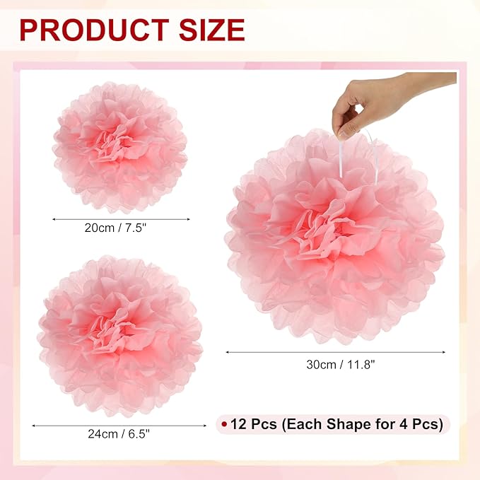 PATIKIL 8" 10" 12" Tissue Paper Pom Poms, 12PCS Pom Poms Paper Flowers Ball Tissue Paper Flowers Assorted Size for Wedding Bridal Shower Birthday Party Backdrop Decoration, Light Pink