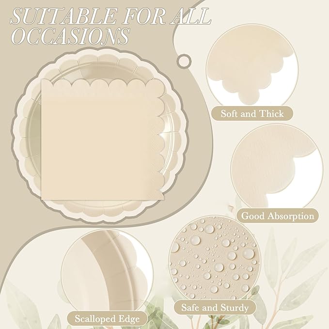 120 Pcs Ivory Paper Plates and Napkins Party Supplies, 7 Inch Cream Plates Scalloped Disposable Tableware for Bridal Baby Shower Wedding Birthday Party Decorations, Serve 60 Guests