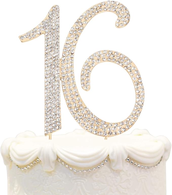 Bling Crystal Rhinestone 16 Birthday Cake Topper - Best Keepsake | 16th Party Decorations Gold