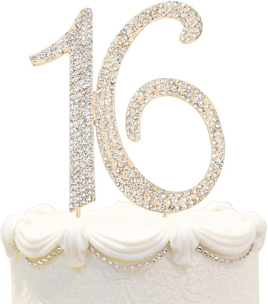 Bling Crystal Rhinestone 16 Birthday Cake Topper - Best Keepsake | 16th Party Decorations Gold