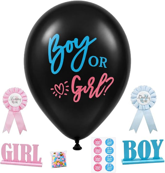 Gender Reveal Kit with 2 Giant 36" Balloons, 100 Voting Stickers, Mommy and Daddy to Be Pins, BOY and GIRL Table Signs, Baby Shower Gender Reveal Party Supplies