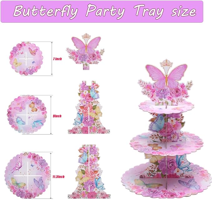 MRPAPA Buttleply 3 Tier Cupcake Tower,Pink Cardboard Cupcake Stand,2PCS Butterfly Cup Cake Holder Thick Paper Dessert Tray for Baby Girls Pink Birthday Baby Shower