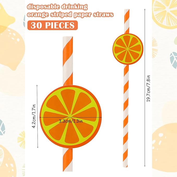 Disposable Lemon Straws, Cute Oange Striped Patterned Drinking Straws Paper Straw for Cocktail, Milkshake, Coffee, Lemonade Stand Supplies Lemon Themed Party Supplies - Set of 30