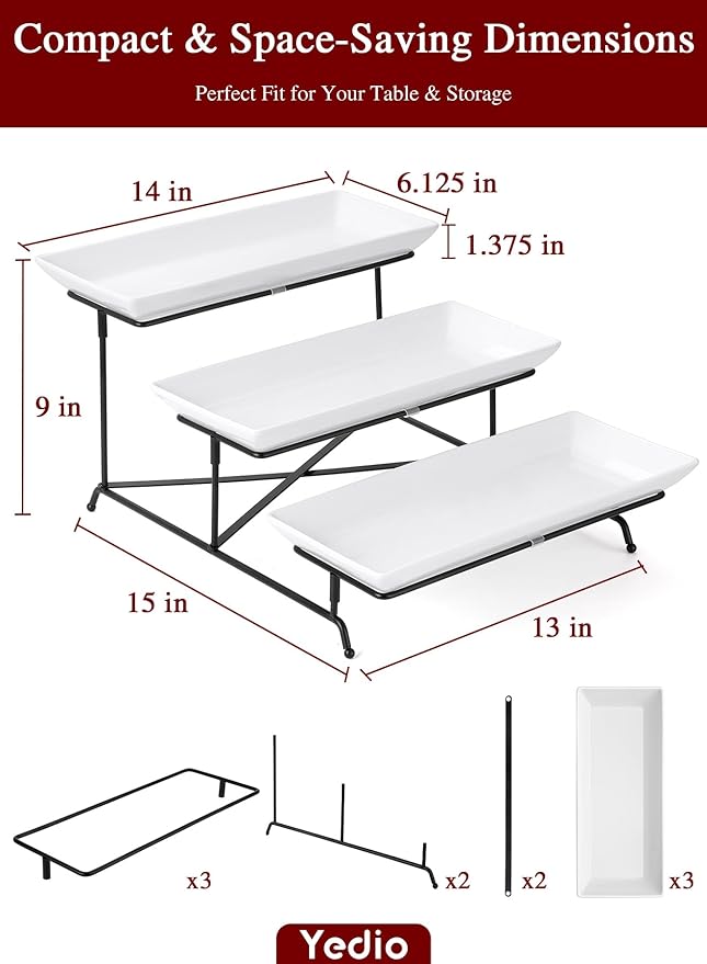 3 Tier Serving Tray Set 14 Inch Porcelain Tiered Serving Trays Platters, Collapsible Sturdier Stand with Stable Cross Bars, Three Layer Serving for Party Entertaining Food Display Fruit Dessert