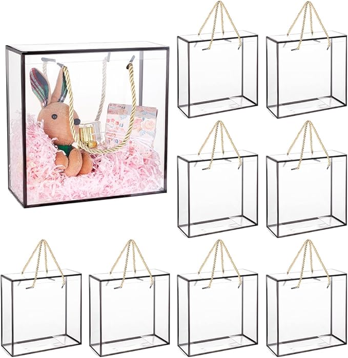 BENECREAT 10 Packs Clear PET Plastic Gift Box, 7.8x7.8x3.5 Inch Treat Gift Boxes with Black Border and Handle, Favor Box with Cord for Mother's Day, Birthday Party, Wedding Favours