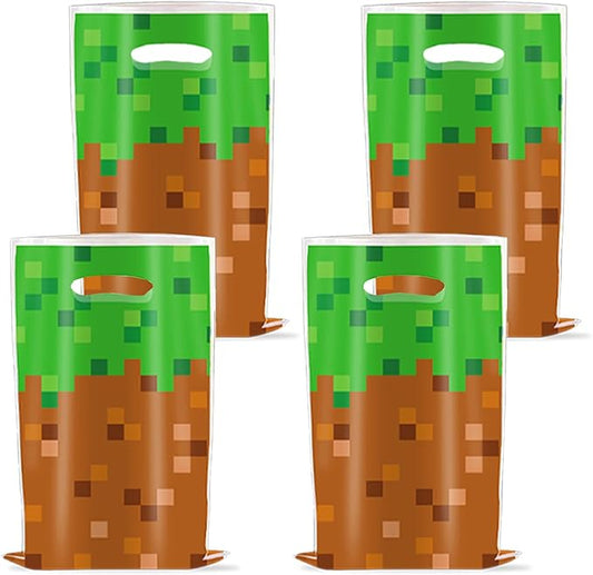50Pcs Pixel Party Favors Bags, Video Game Goodie Bag with Handles for Birthday Party Theme Candy Treat Cookie Bags Green and Brown Video Game Theme Party Goodies Candy Snack Treat Bags