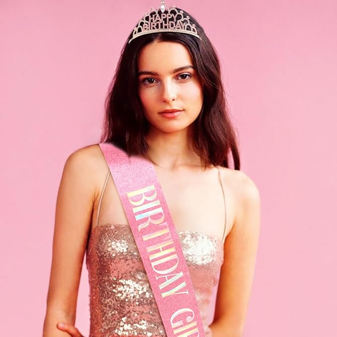 Pink Happy Birthday Crown and Sash for Women Pink Tiaras for Women Birthday Crowns for Girls Princess Crown for Girls Rhinestone Happy Birthday Hair Accessories