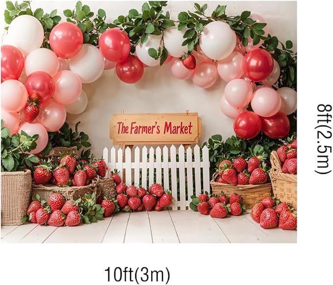Kate 10x8ft Red Strawberry Backdrops for Photography Farmer's Market Background Colorful Balloons Sweet Birthday Party Studio Backdrop
