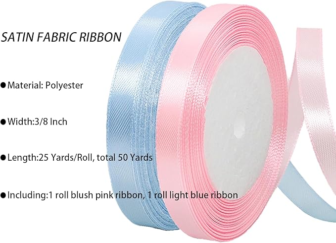 2 Rolls Light Blue Ribbon, 3/8 Inch x 50 Yards Satin Blush Pink Fabric Ribbon for Flower Bouquets, Gift Wrapping, DIY Crafts, Birthday Cakes, Holiday, Wedding Party and Mother’s Day Decorations