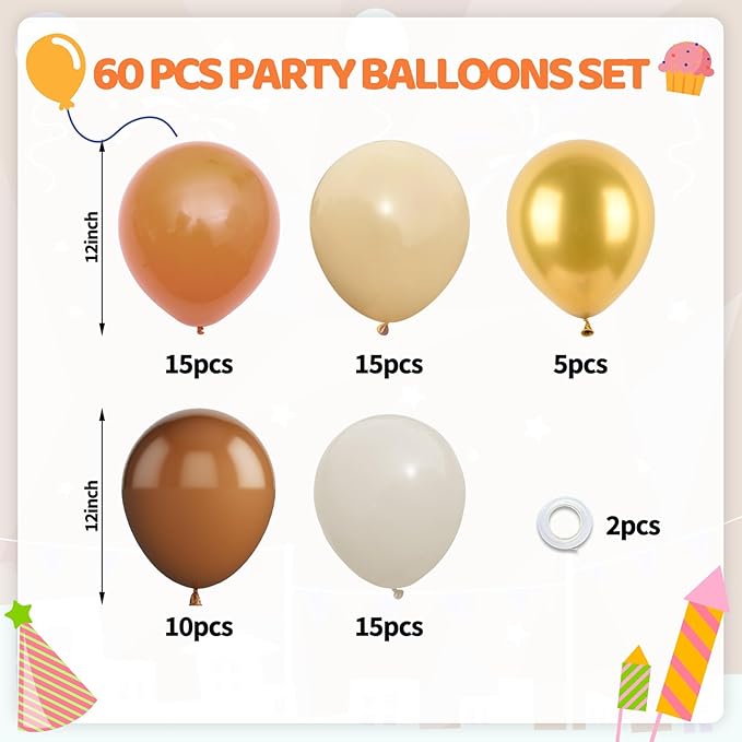Biapian Orange Brown Balloons, 60 Pcs Burnt Orange and Gold Party Balloons Metallic Gold Retro Ivory White Apricot Tan Coffee Latex Balloon Helium for Birthday Boho Fall Thanksgiving Party Decorations