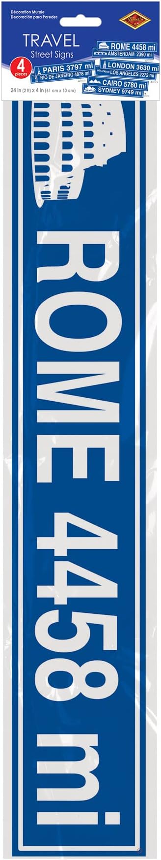 Beistle Pack of 4 Travel Street Sign Cutouts in Blue/White, International Themed Party Wall Hanging Decorations, History, Georgraphy Classroom Decor
