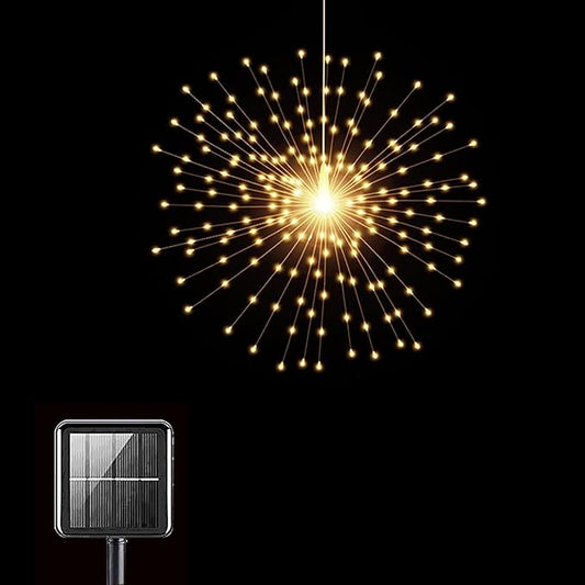 PXBNIUYA Solar Starburst Sphere Lights,200 LED Firework Light, 8 Modes Dimmable Waterproof Hanging Fairy Light, Copper Wire Lights for Patio Tent Parties Christmas -NO Remote (Warm White)