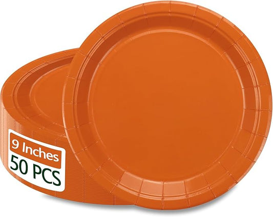 50Pcs Orange Paper Plates - 9" Round Disposable Dinner Plate for Halloween Baby Shower Orange Birthday Party Supplies