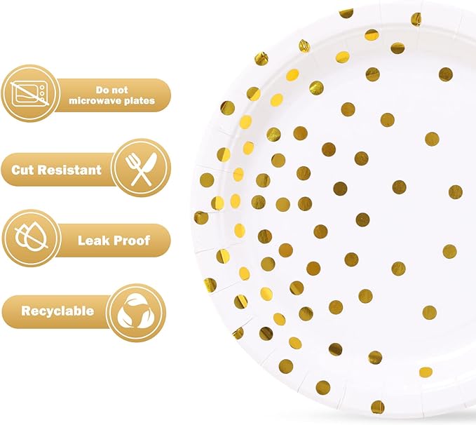 White and Gold Paper Plates 100PCS,7inch Gold Dots Dessert Plates,Disposable Party Supplies for Birthday,Wedding,Bridal Showers,Christmas,Anniversaries,All Occasions
