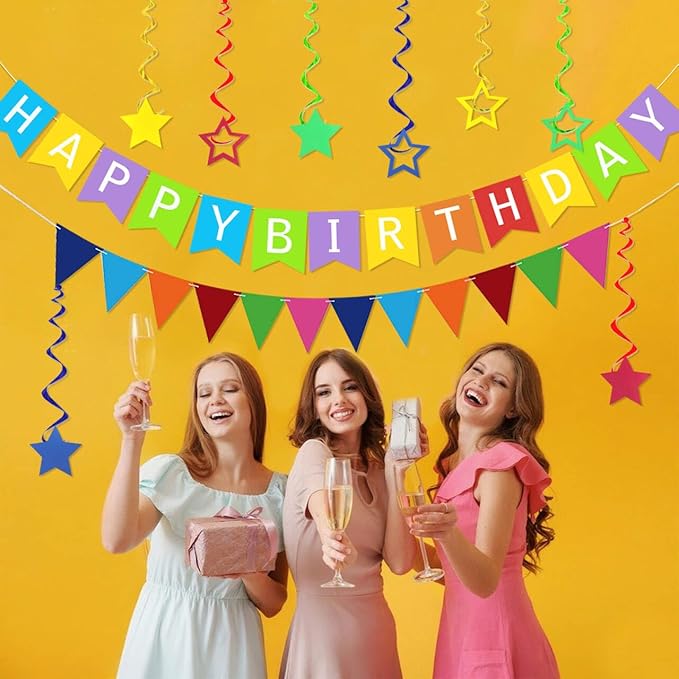 Colorful Happy Birthday Banner Rainbow Birthday Decorations, Rainbow Birthdays Banner Multicolor Triangle Flag Bunting Garland 8PCS Star Hanging Swirls Colorful Party Supplies for Girls Women Boys Men