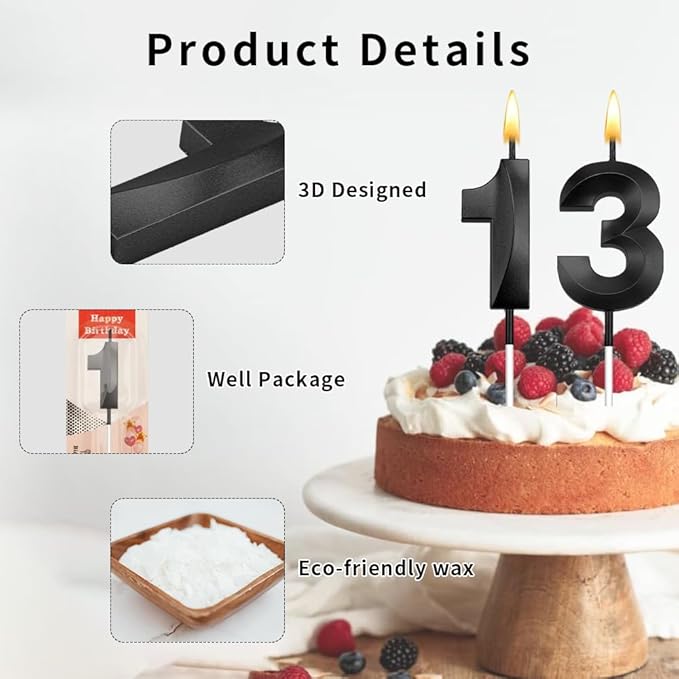 13th Birthday Candles, 13 Candles, Happy 13th Birthday Candles, Black Birthday Decorations for Boys, Black Number Candles for Boys Girls