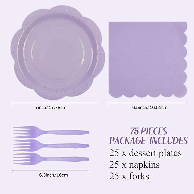 75 PCS Purple Paper Plates and Napkins Party Supplies, Light Purple Scalloped Plates Napkins Forks Disposable Tableware Set for Bridal Baby Shower Wedding Birthday Party Decorations