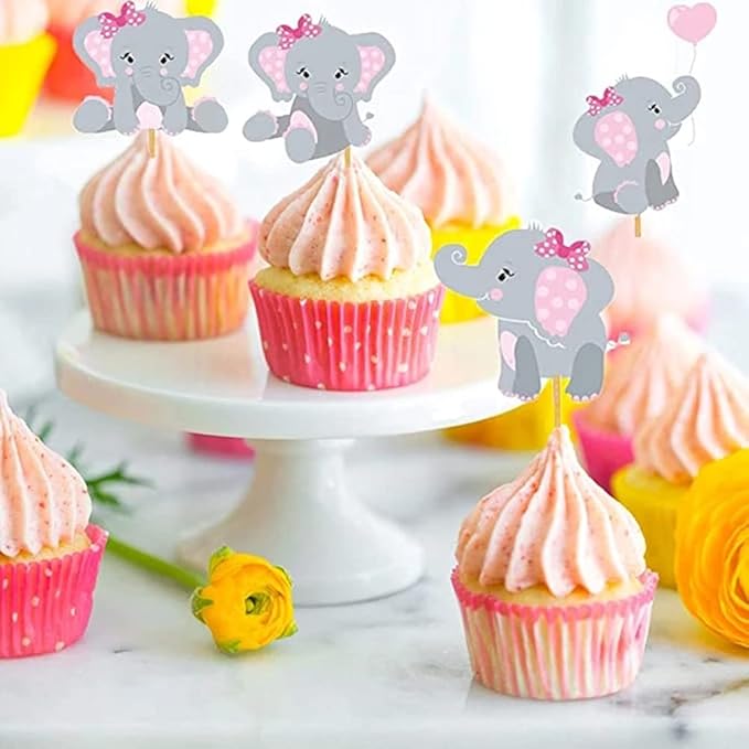 48pcs Pink Elephant Cupcake Toppers, Double Sided It's A Girl Picks, Cake Decorations for Elephant Theme Birthday Baby Shower Little Peanut Party Supplies