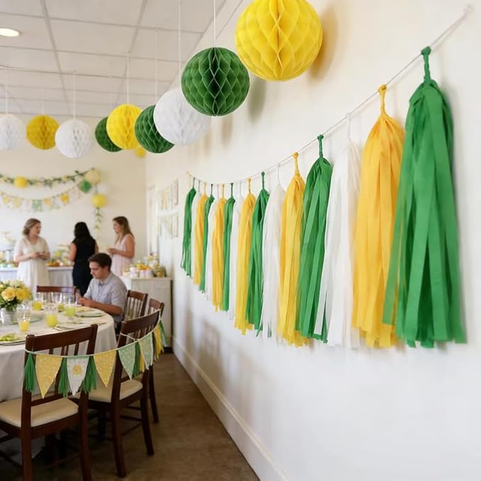 21PCS Green Yellow Party Decorations Tissue Tassel Garland Banner Hanging Paper Honeycomb Balls Streamers Backdrop for Graduation Masters Golf Birthday Wedding Baby Shower
