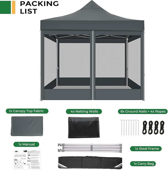 COBIZI 10x10 Heavy Duty Pop Up Canopy Tent with 4 Sidewalls, Easy Set Up Outdoor Waterproof Screen Commercial Party Tent with Mosquito Netting for Parties Backyard Patio, Carry Bag, Gray