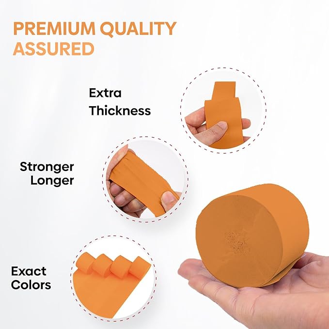 Captain Décor 4 Orange Streamers, 382ft Crepe Paper Streamers Party Decorartions, Orange Birthday Decorations Crepe Paper Rolls (1.8 inch x 82 ft/Roll)