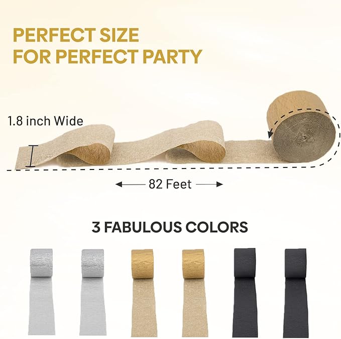 6 Black and Gold Streamers with Silver, 492ft Pack of Crepe Paper Streamers for Party Decorations, Birthday Streamers (1.8 inch x 82 ft/Roll)