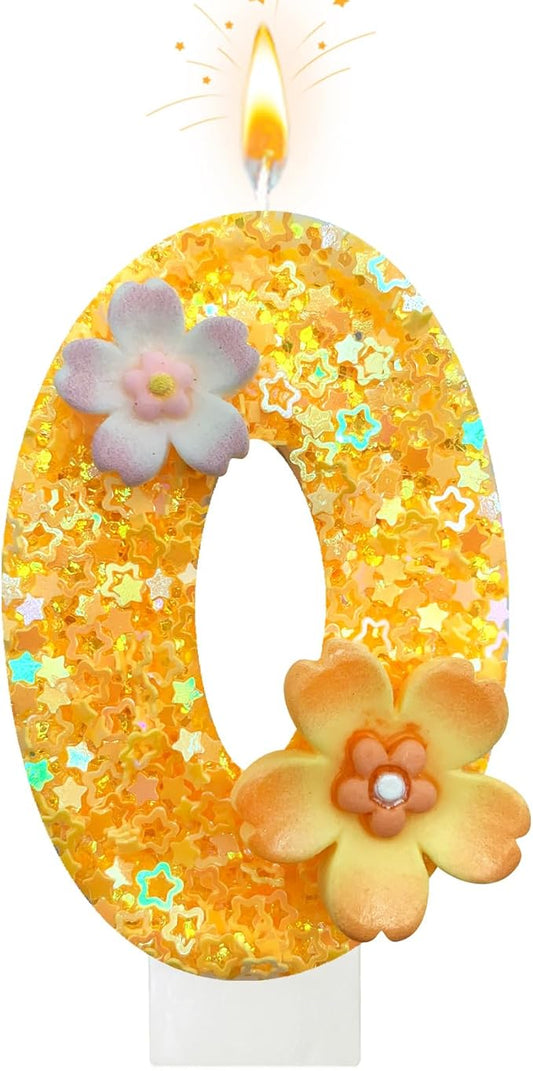 Yellow Birthday Candle, Flower Number Birthday Candles for Cake, Ideal Birthday Parties Cake Decor, Wedding Anniversary and Other Celebrations (0 Candle, Yellow)