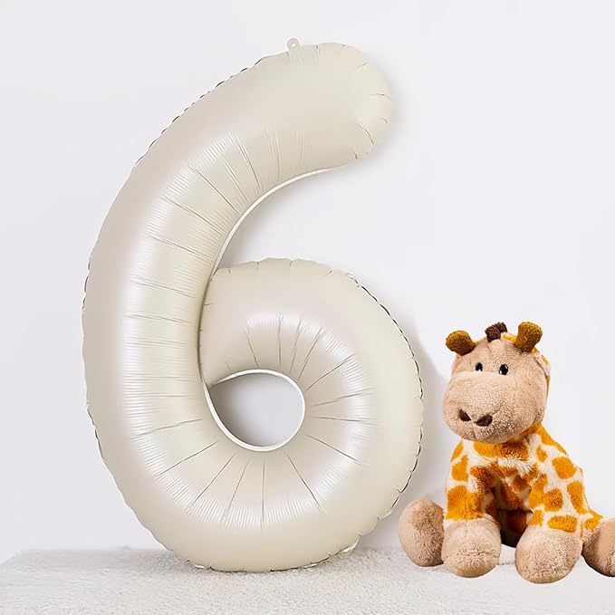 40 Inch Beige Number 6 Balloons for 6th Birthday Decorations Boys Girl, Giant Self-Sealing Cream Foil Number 0-10 White Sand Balloon for Women Men Party Anniversary Baby Shower Supplies
