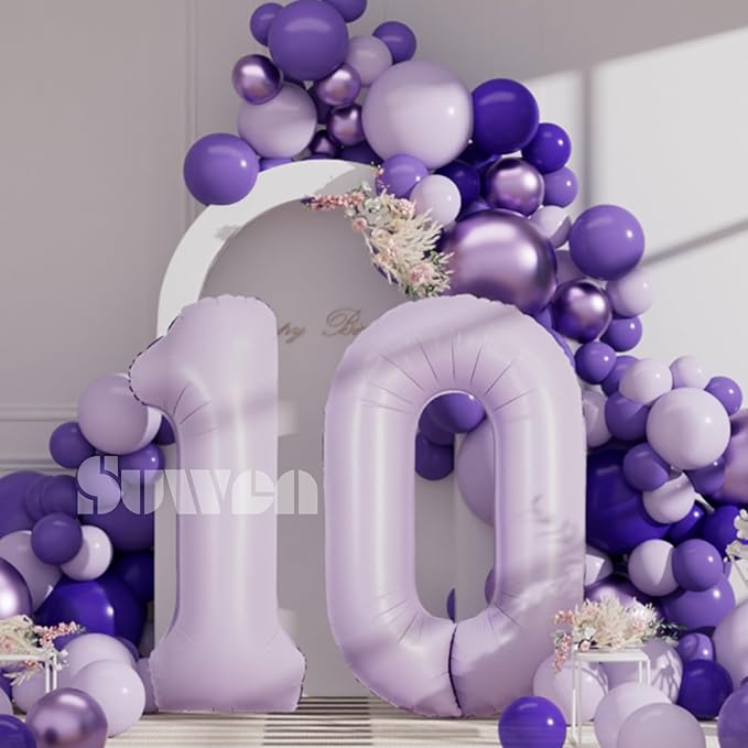 SUWEN 40 Inch Light Purple Large 10 Balloon Number Big Foil Helium Lavender Number Balloons Huge Mylar 0-9 Giant Jumbo Happy 10th Birthday Party Anniversary Decorations