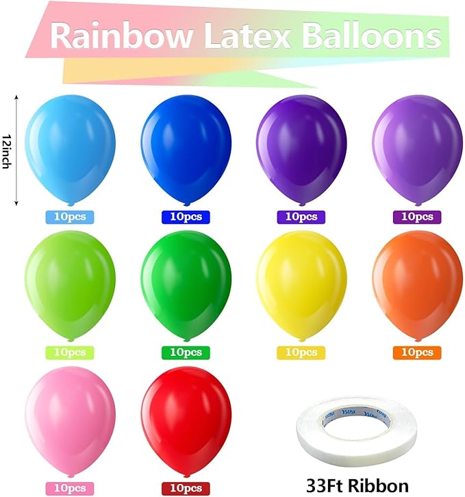 Bezente Assorted Rainbow Latex Balloons, 100 Pack 12 inch Round Helium Bright Color Balloons for Birthday Bridal Shower Wedding Party Decorations