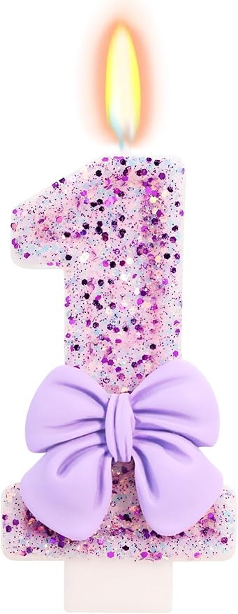 Birthday Candle for Cake, 1 Candle - Purple Bowknot, 2.76 inch Cake Topper Decoration for 1 Year Old Birthday Party (Number 1)