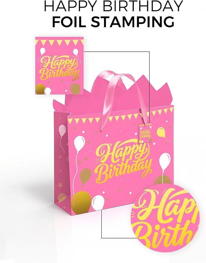 Pink Birthday Gift Bag for Girls – 12.5 Inch Medium Size with Tissue Paper and Greeting Card – Perfect for Women or Mom (1 Piece, Foil Stamping)