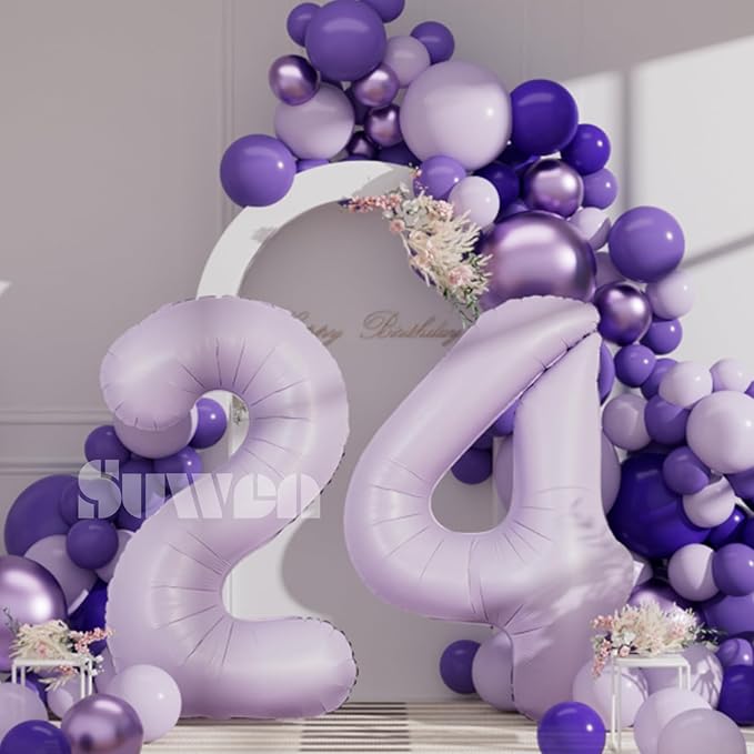 SUWEN 40 Inch Light Purple Large 24 Balloon Number Big Foil Helium Lavender Number Balloons Huge Mylar 0-9 Giant Jumbo Happy 24th Birthday Party Anniversary Decorations
