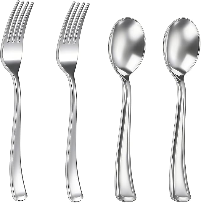 Goodluck 200 PCS Silver Plastic Silverware, Heavy Duty Plastic Cutlery Includes 100 Forks and 100 Spoons, Elegant Disposable Utensils, Durable Flatware for Parties, Weddings Catering and Dinners