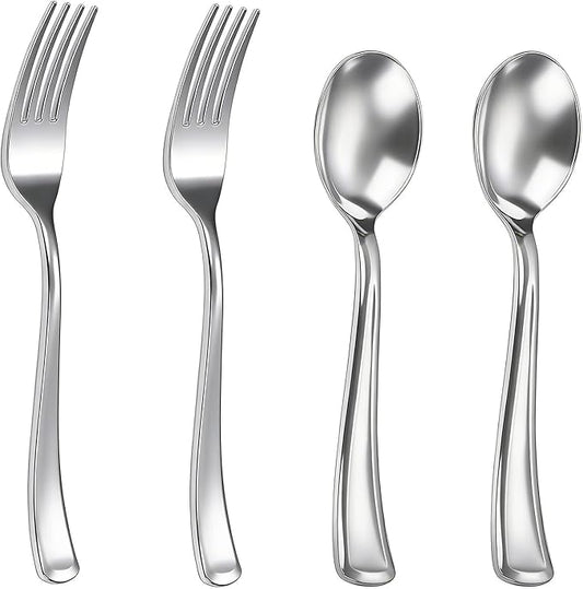 Goodluck 200 PCS Silver Plastic Silverware, Heavy Duty Plastic Cutlery Includes 100 Forks and 100 Spoons, Elegant Disposable Utensils, Durable Flatware for Parties, Weddings Catering and Dinners