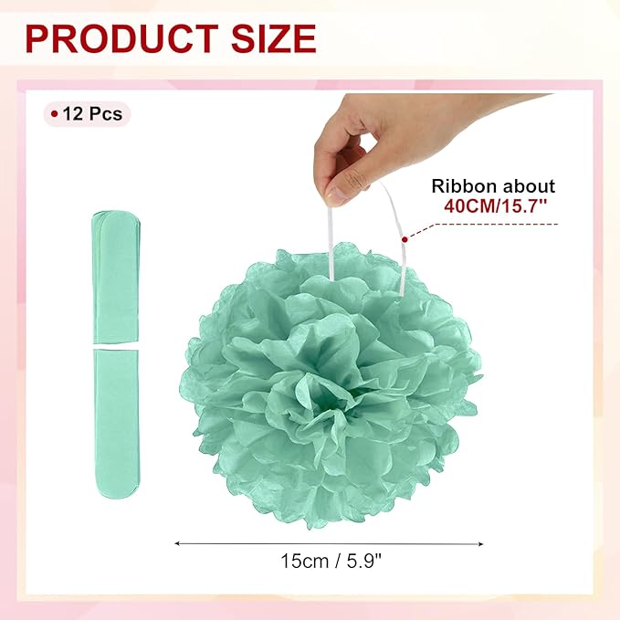 PATIKIL 6inch Tissue Paper Pom Poms, 12PCS Pom Poms Paper Flowers Ball Tissue Paper Flowers for Wedding Bridal Shower Birthday Bachelorette Party Backdrop Decoration, Mint Green