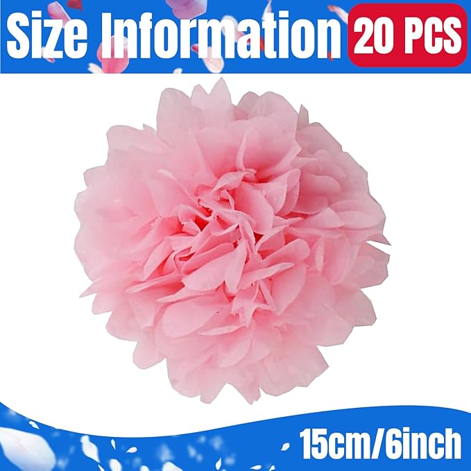 Qimoo 20pcs Light Pink Paper Pom Poms Decorations, DIY Tissue Paper Flowers Ball for Party Wedding Outdoor Decoration