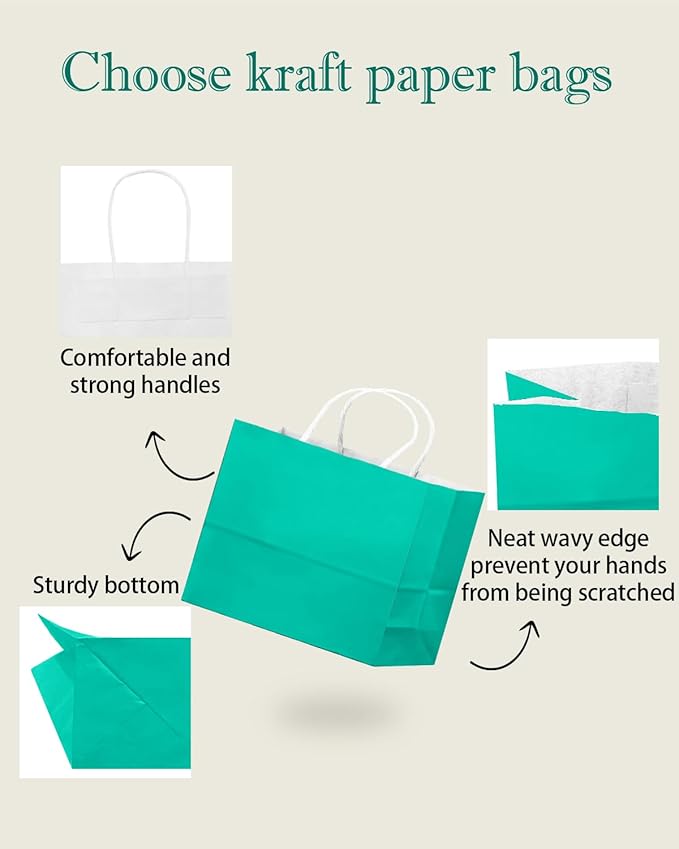 qiqee 24PCS Large Gift Bag with Handles Bulk 13"x4.5"x10" Gift Bags Lake Green Bags Multiple Uses (32x11x25cm,Wide Large)