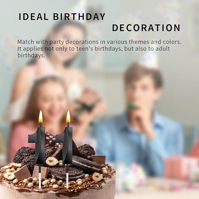 11st Birthday Number Candles (11 Black) - 2 Pack, Sparkling, Non-Toxic, Easy to Insert, Perfect for Boys & Girls Birthday Cakes & Cupcakes