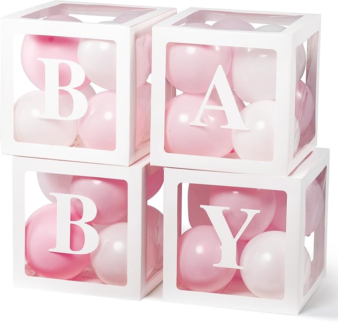 Voircoloria Baby Shower Decorations, 4pcs Transparent Balloon Boxes with Letters, 36Pcs Pink & White Balloons, Reusable, Unisex, for Gender Reveal Party