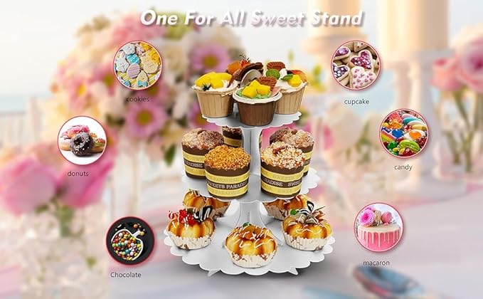 3-Tier White Cupcake Stand,Cardboard Dessert Display Tower, Versatile Party Serveware for Wedding Birthday All Occasions, Easy Assembly (2-Pack)
