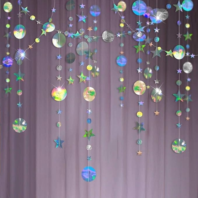 Valentine's Day Decoration Star and Circle Hanging Garland, 65 feet Party Decorations Stars Banner Streamer Backdrop for Birthday Baby Shower Starry Night Theme Party Supplies (Rainbow Silver)