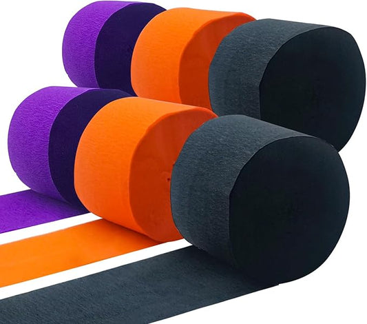 PheiLa Crepe Paper Streamers 6 Rolls 492ft, Crepe Paper Halloween Decorations Orange Black Purple Party Supplies for DIY Gift Wrapping Birthday Holiday Party Decor, 1.77 Inch x 82 Ft/Roll